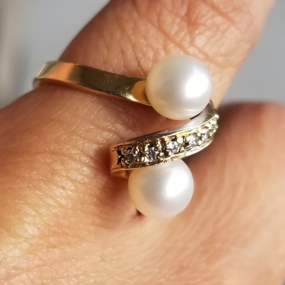 Sale! Vintage 14k toi moi Pearls & diamonds bypass gold ring - Picture 5 of 11